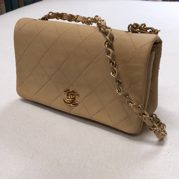 Chanel Vintage Quilted Full Flap Bag Beige Lambskin